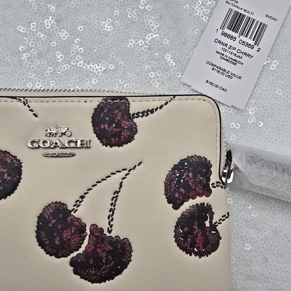Coach Corner Zip Sequined Cherry Print Wristlet Smooth Leather Chalk & Silver - Picture 9 of 10